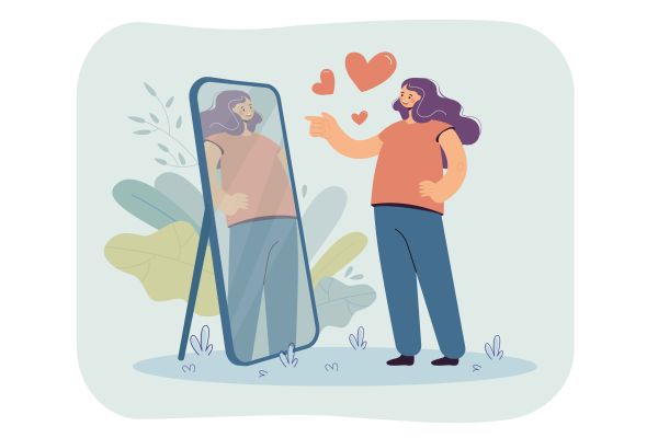 Person points at their reflection in a full-length mirror as hearts float overhead
